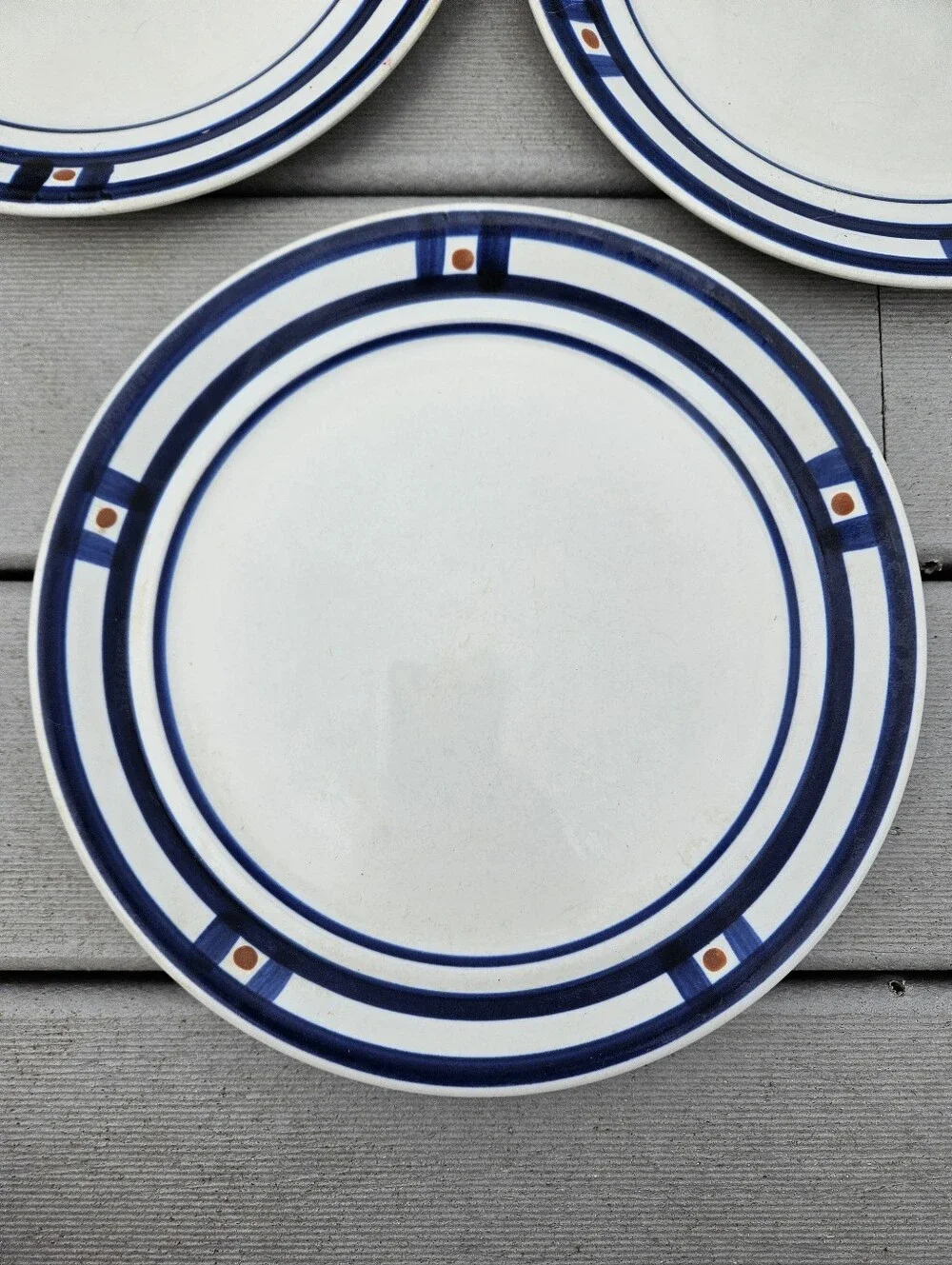 Mikasa White Dinner Plates with Navy Blue and Brown Accent - Set of 3